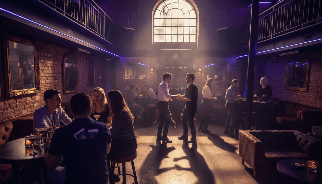 Multiple portable charging stations integrated throughout busy nightclub interior