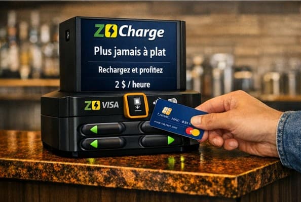 Hand tapping a credit card on a ZCharge portable battery rental station at a bar.